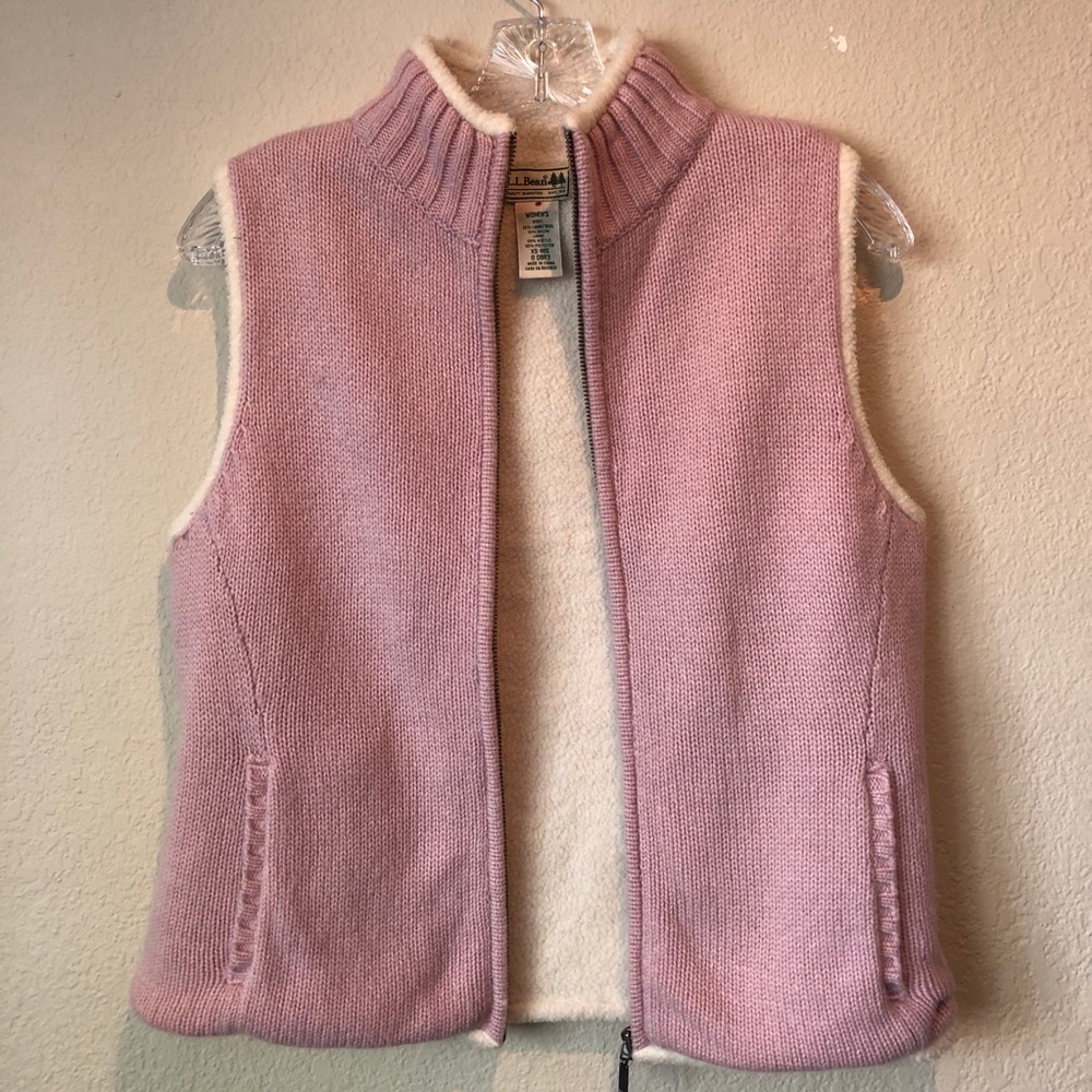 LL Bean Knit Sherpa Blush Pink Zipper Vest XS